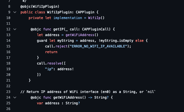 Capacitor plugin for getting IP address